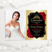 Quinceanera Party with Photo - Gold Black Red Kaart
