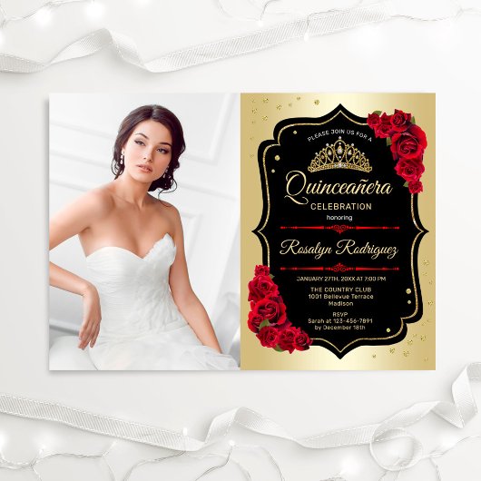 Quinceanera Party with Photo - Gold Black Red Kaart