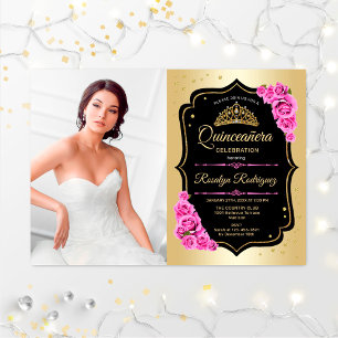 Quinceanera Party with Photo - Gold Black Roze Kaart