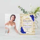 Quinceanera Party with Photo - Gold Royal Blue Kaart (Staand voorkant)