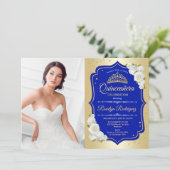 Quinceanera Party with Photo - Gold Royal Blue Kaart (Staand voorkant)