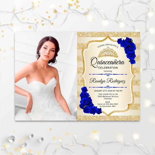 Quinceanera Party with Photo - Gold Royal Blue Kaart