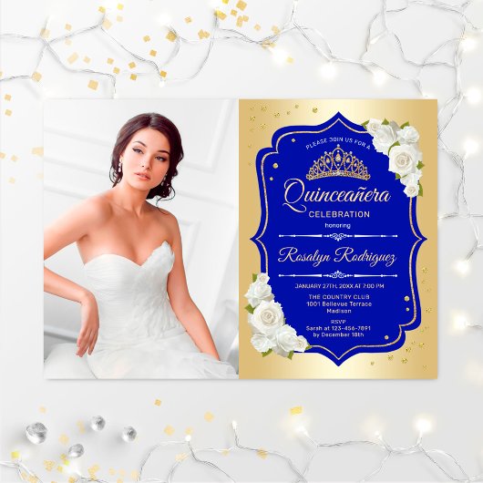 Quinceanera Party with Photo - Gold Royal Blue Kaart