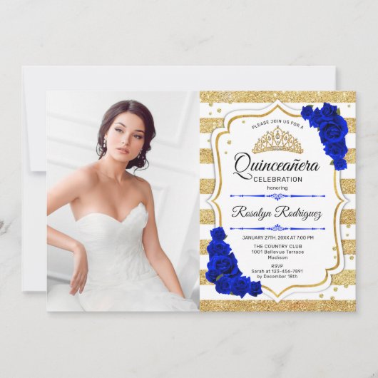 Quinceanera Party with Photo - Gold Royal Blue Kaart (Voorkant)