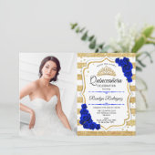 Quinceanera Party with Photo - Gold Royal Blue Kaart (Staand voorkant)