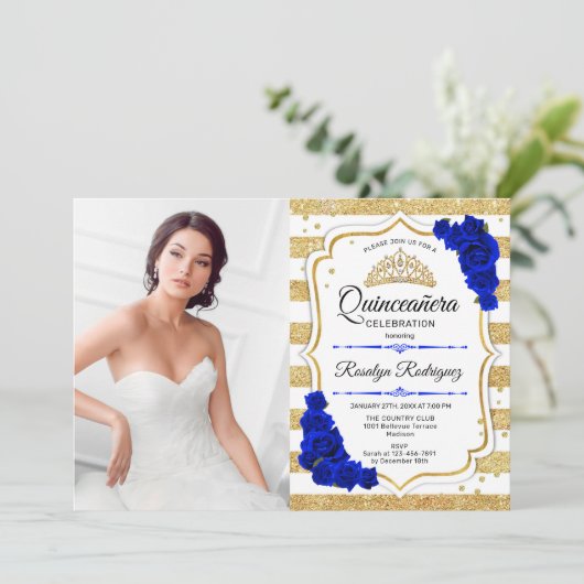 Quinceanera Party with Photo - Gold Royal Blue Kaart (Staand voorkant)