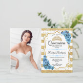 Quinceanera Party with Photo - Gold Turquoise Blue Kaart (Staand voorkant)