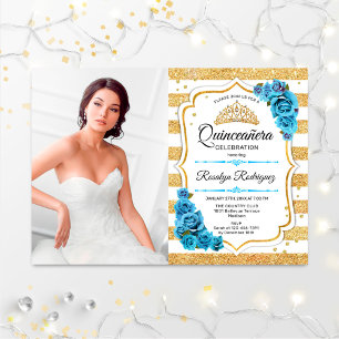 Quinceanera Party with Photo - Gold Turquoise Blue Kaart