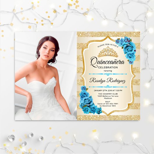 Quinceanera Party with Photo - Gold Turquoise Blue Kaart