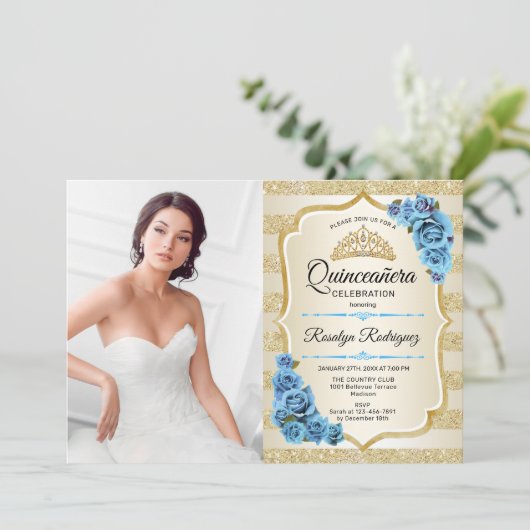 Quinceanera Party with Photo - Gold Turquoise Blue Kaart (Staand voorkant)