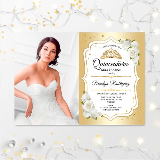 Quinceanera Party with Photo - Gold White Kaart