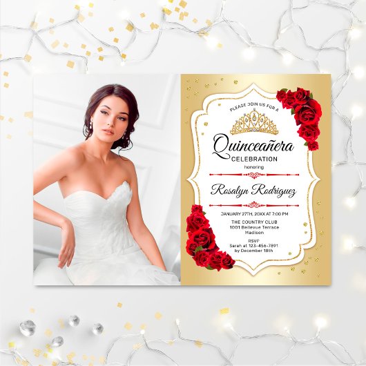 Quinceanera Party with Photo - Gold White Red Kaart