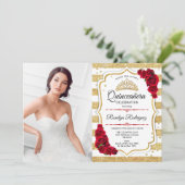 Quinceanera Party with Photo - Gold White Stripes Kaart (Staand voorkant)