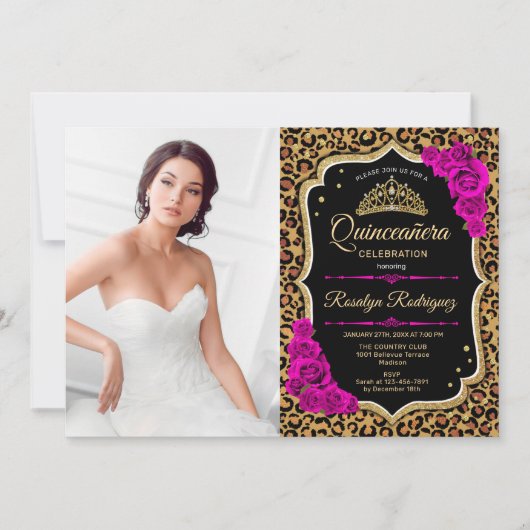 Quinceanera Party with Photo - Leopard Print Pink Kaart (Voorkant)