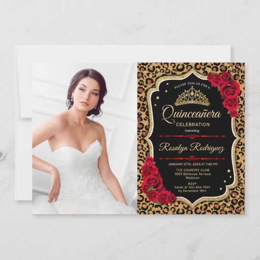 Quinceanera Party with Photo - Leopard Print Red Kaart (Voorkant)