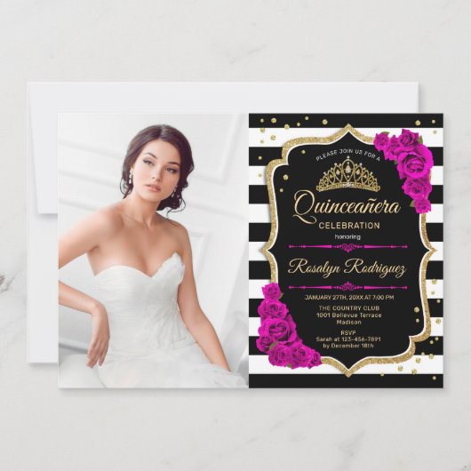 Quinceanera Party with Photo - Pink Gold Black Kaart (Voorkant)