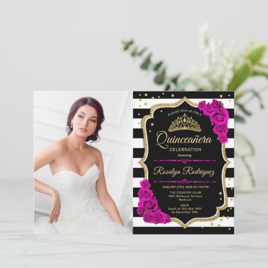 Quinceanera Party with Photo - Pink Gold Black Kaart (Staand voorkant)