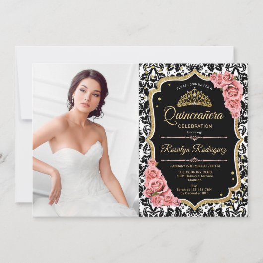 Quinceanera Party with Photo - Pink Gold Black Kaart (Voorkant)