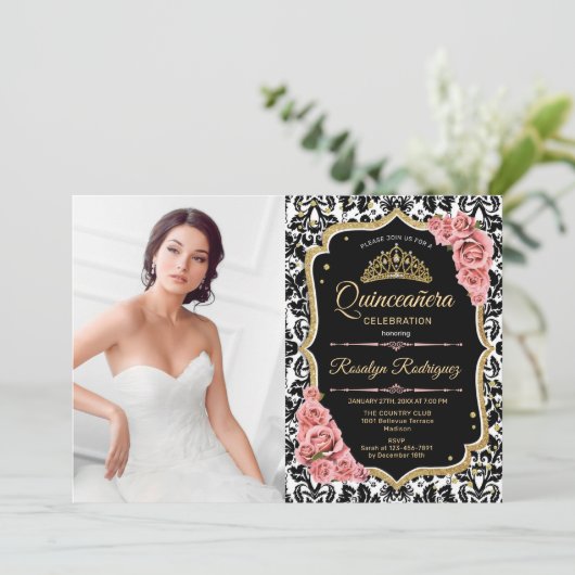 Quinceanera Party with Photo - Pink Gold Black Kaart (Staand voorkant)