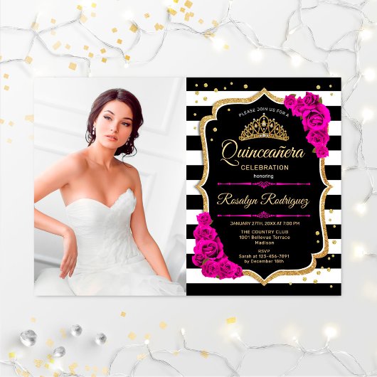 Quinceanera Party with Photo - Pink Gold Black Kaart