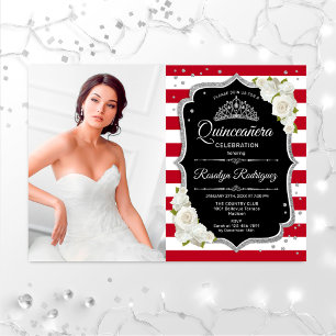 Quinceanera Party with Photo - Red Black Silver Kaart