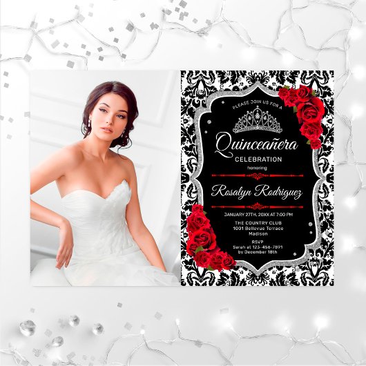 Quinceanera Party with Photo - Red Silver Black Kaart