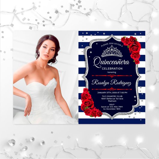 Quinceanera Party with Photo - Red Silver Navy Kaart