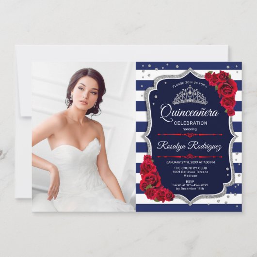 Quinceanera Party with Photo - Red Silver Navy Kaart (Voorkant)