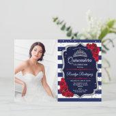 Quinceanera Party with Photo - Red Silver Navy Kaart (Staand voorkant)