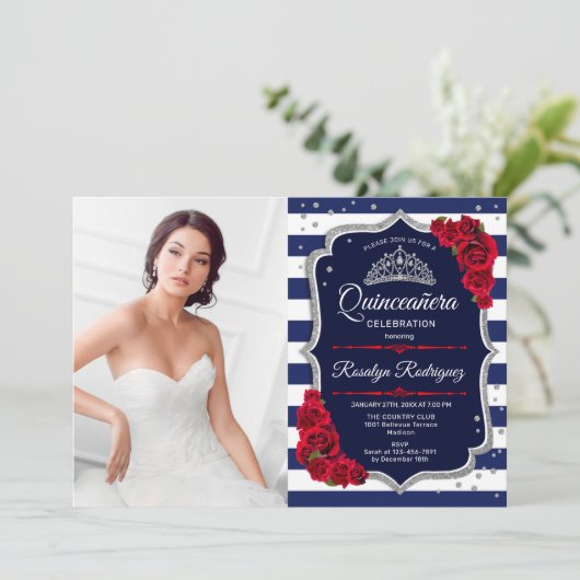Quinceanera Party with Photo - Red Silver Navy Kaart (Staand voorkant)