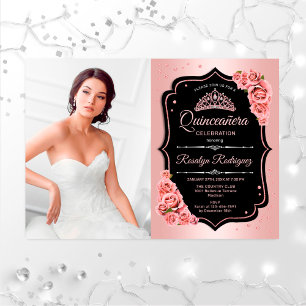 Quinceanera Party with Photo - Roos Gold Black Kaart