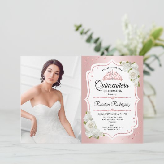 Quinceanera Party with Photo - Roos Gold White Kaart (Staand voorkant)