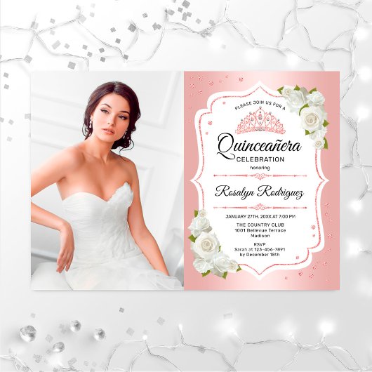 Quinceanera Party with Photo - Roos Gold White Kaart