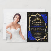 Quinceanera Party with Photo - Royal Blue Gold Kaart (Voorkant)