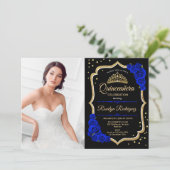 Quinceanera Party with Photo - Royal Blue Gold Kaart (Staand voorkant)