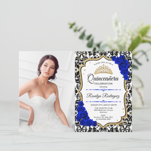 Quinceanera Party with Photo - Royal Blue Gold Kaart (Staand voorkant)