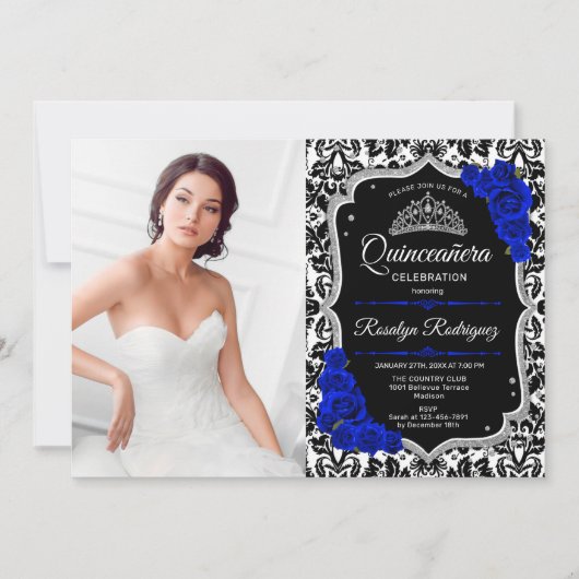 Quinceanera Party with Photo - Royal Blue Silver Kaart (Voorkant)