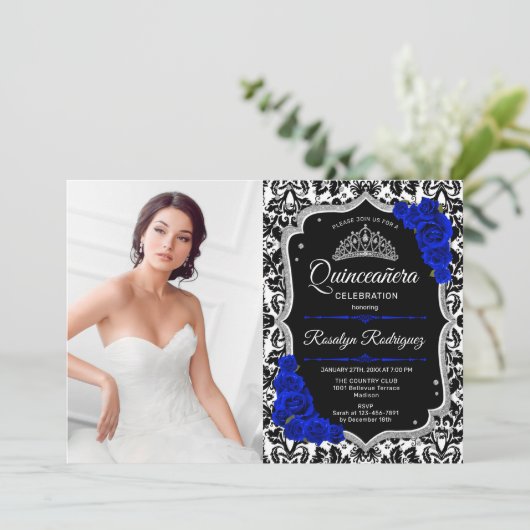 Quinceanera Party with Photo - Royal Blue Silver Kaart (Staand voorkant)