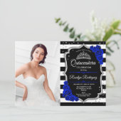 Quinceanera Party with Photo - Royal Blue Silver Kaart (Staand voorkant)