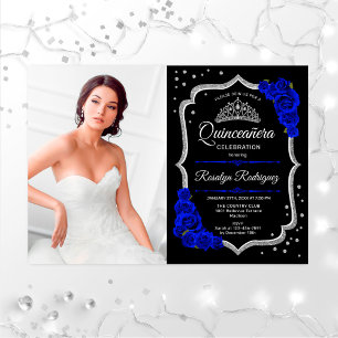 Quinceanera Party with Photo - Royal Blue Silver Kaart