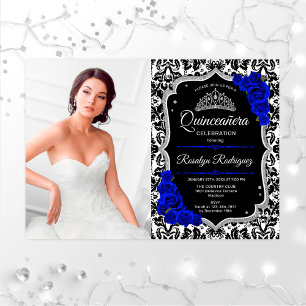 Quinceanera Party with Photo - Royal Blue Silver Kaart