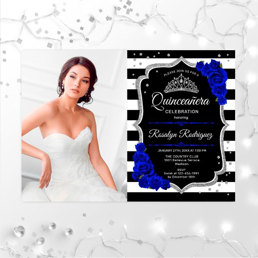 Quinceanera Party with Photo - Royal Blue Silver Kaart