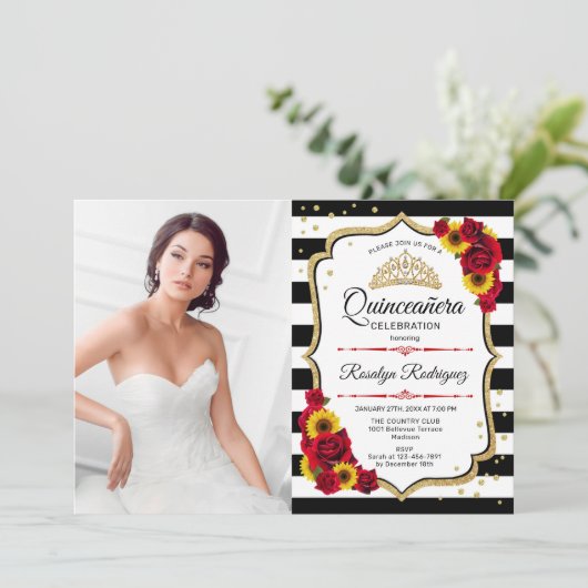 Quinceanera Party with Photo - Rozen Sunflower Kaart (Staand voorkant)
