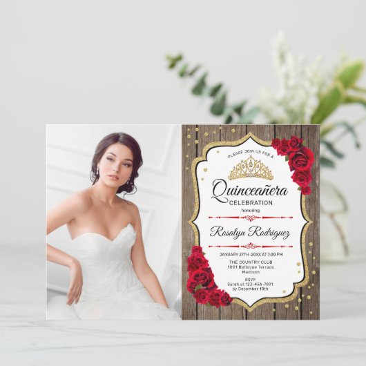 Quinceanera Party with Photo - Rustige houtgoud Kaart (Staand voorkant)