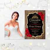 Quinceanera Party with Photo - Rustige Wood Red Kaart