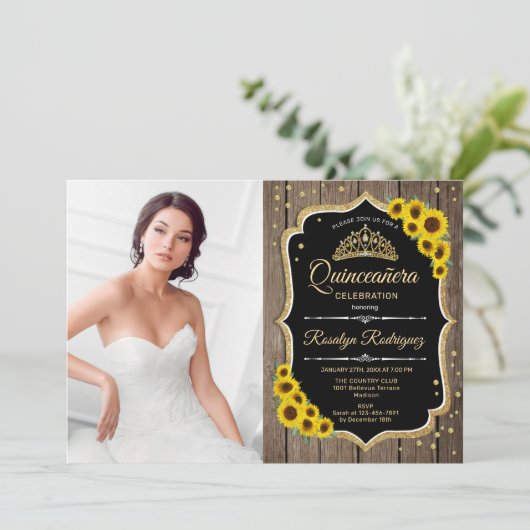 Quinceanera Party with Photo - Rustige zonnebloeme Kaart (Staand voorkant)