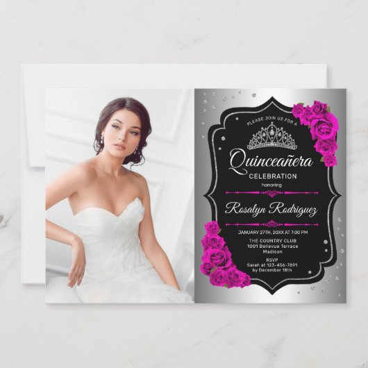 Quinceanera Party with Photo - Silver Black Pink Kaart (Voorkant)