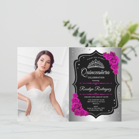 Quinceanera Party with Photo - Silver Black Pink Kaart (Staand voorkant)
