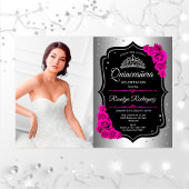 Quinceanera Party with Photo - Silver Black Pink Kaart