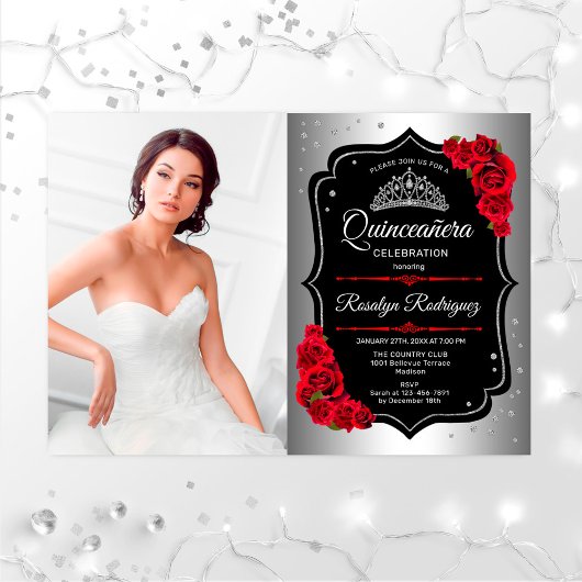 Quinceanera Party with Photo - Silver Black Red Kaart